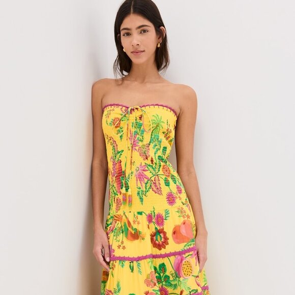 FARM RIO Delicate Fruit Garden Yellow Smocked Maxi Dress NWT - Picture 2 of 11